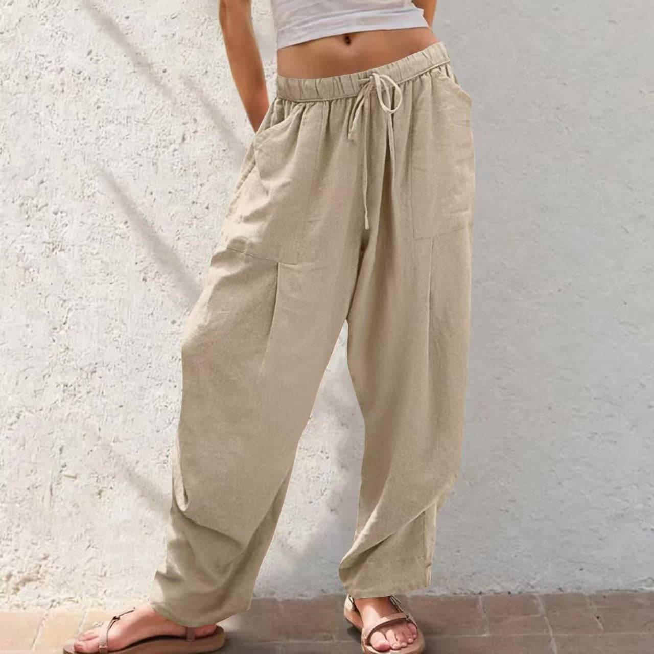 Womens Solid-Color Cotton-Linen Casual Loose Straight Pockets Lounge Pants With Drawstring See size chart under “more details”