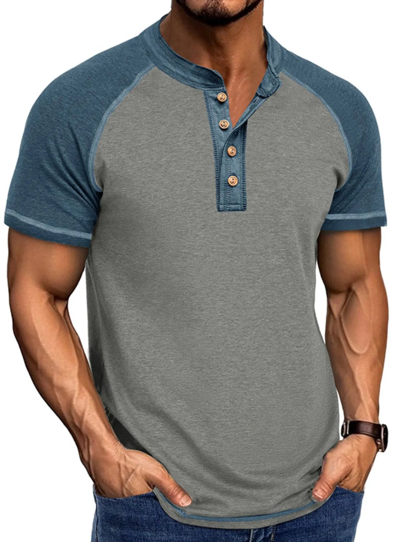 Camiseta Henley Raglán para Hombre con Bloques de Color