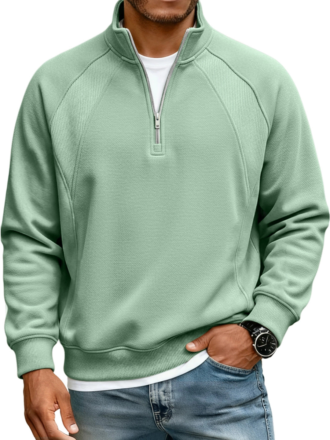Amazon New Men's Jacket Half-Zip Stand-Up Collar Sweatshirt Men's T-Shirt Long-Sleeved Solid Color Splicing Loose Fit