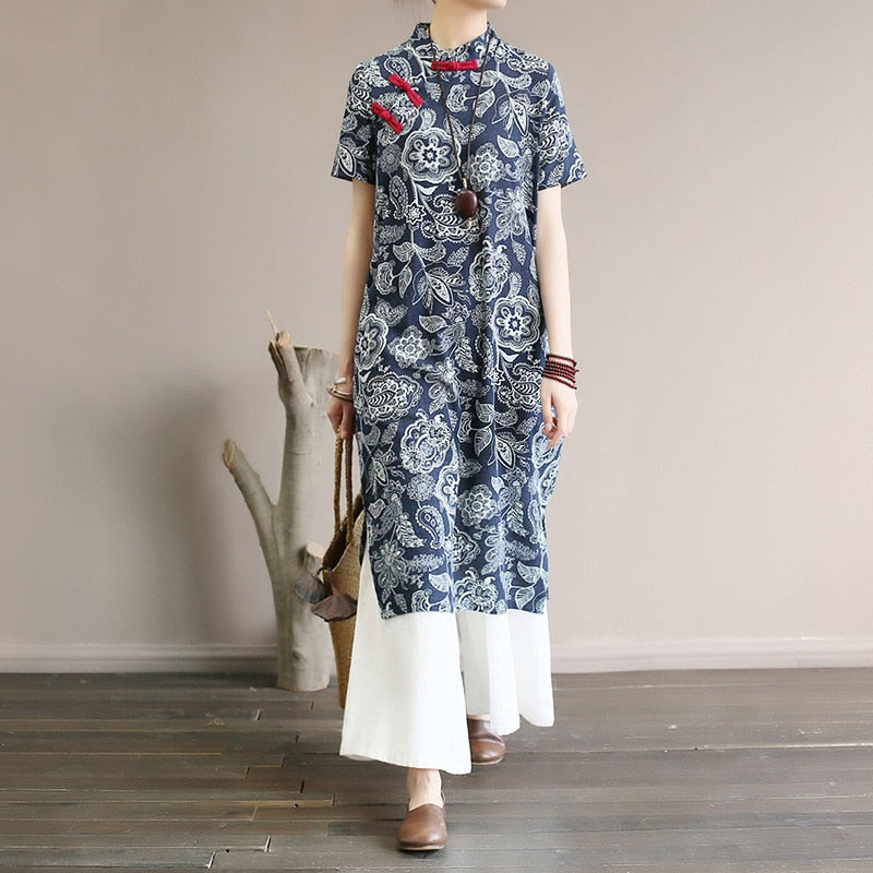 Retro Floral Cotton Dress with Side Slit