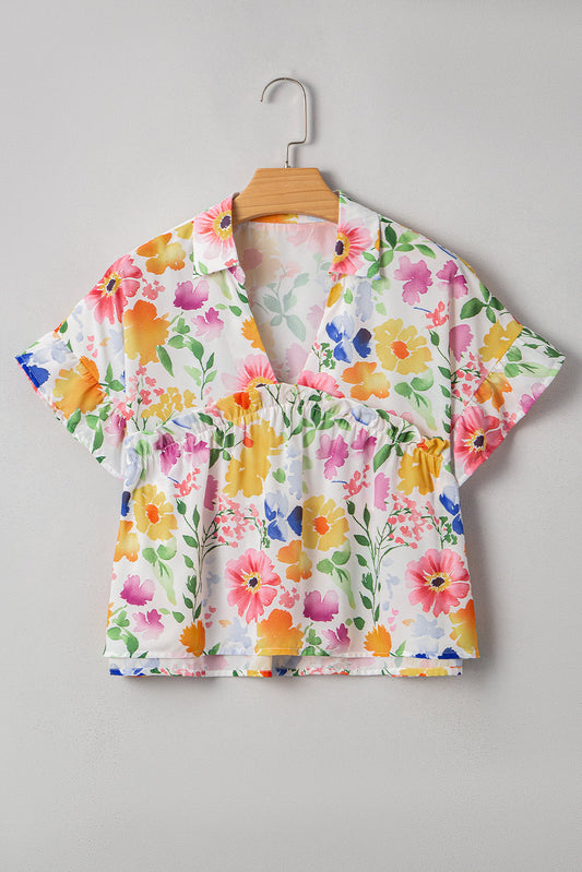 Blusa de cuello en V con volantes y manga corta, corte amplio y estampado floral amarillo