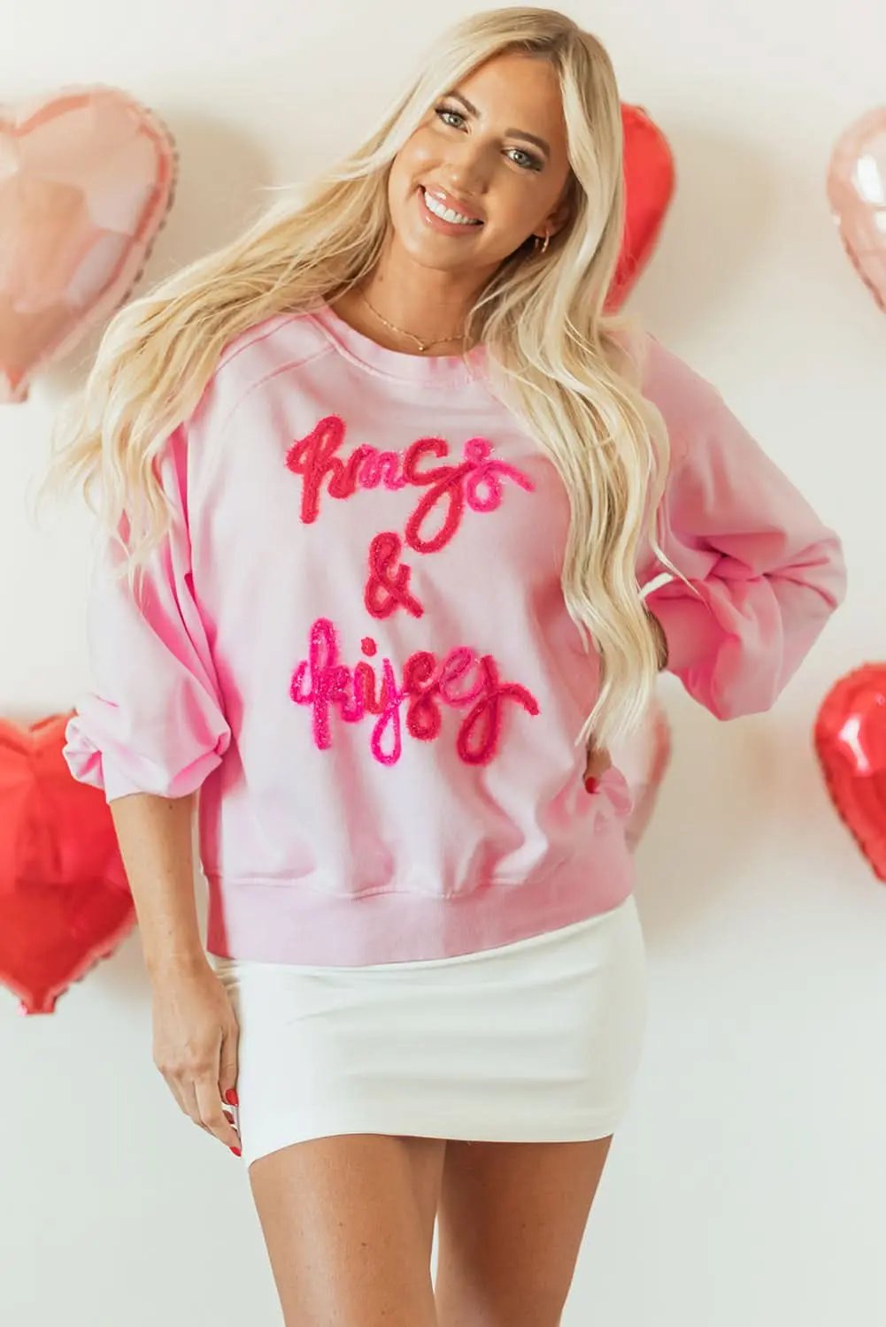 Love Salve Women's Embroidered Sweatshirt Pink Raglan Crew Neck
