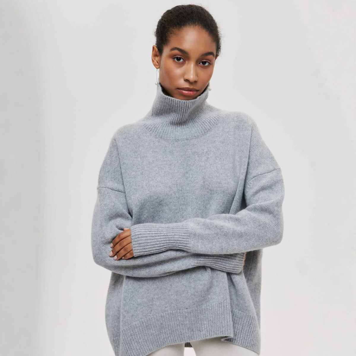 Women's Oversized Turtleneck Sweater, Solid Color Long Sleeve Loose Knit Pullover, Casual Fall Winter Basic Knit Top For Ladies