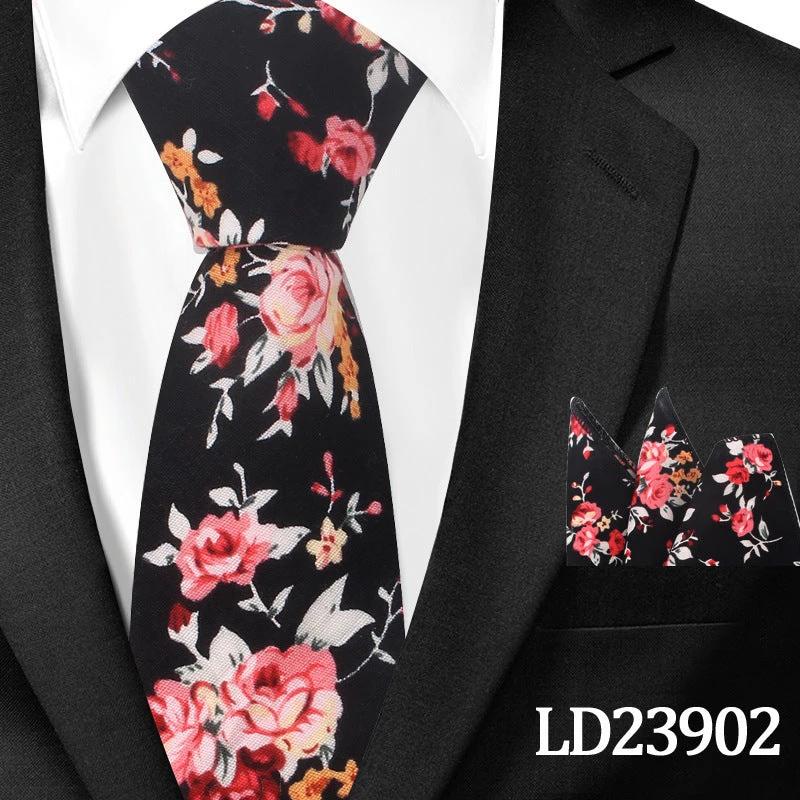 Men's Casual Cotton Floral Print 6cm Tie and Pocket Square