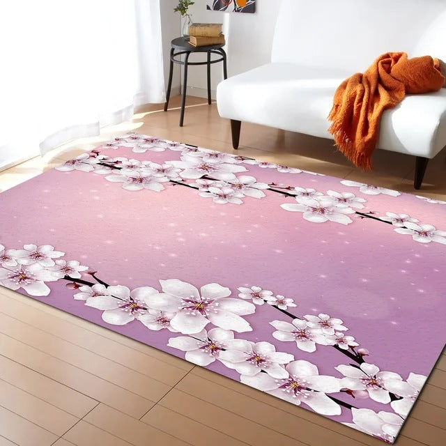 Pastel Cherry Blossom And Crescent Moon Non-Slip Flannel Floor Mat Home Rug Decoration