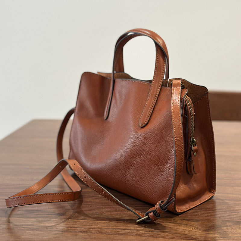 Womens Casual All-Match Tote Bag Made From Full-Grain Cowhide Leather