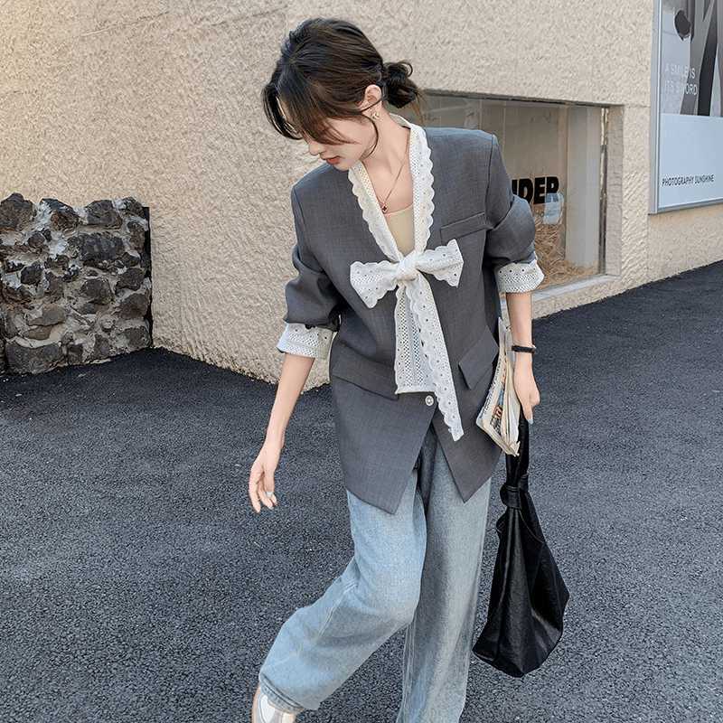 Lace-Panel Gray Casual Blazer