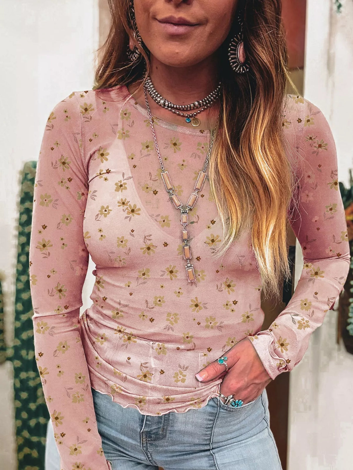 Floral Print Long Sleeve Mesh Blouse