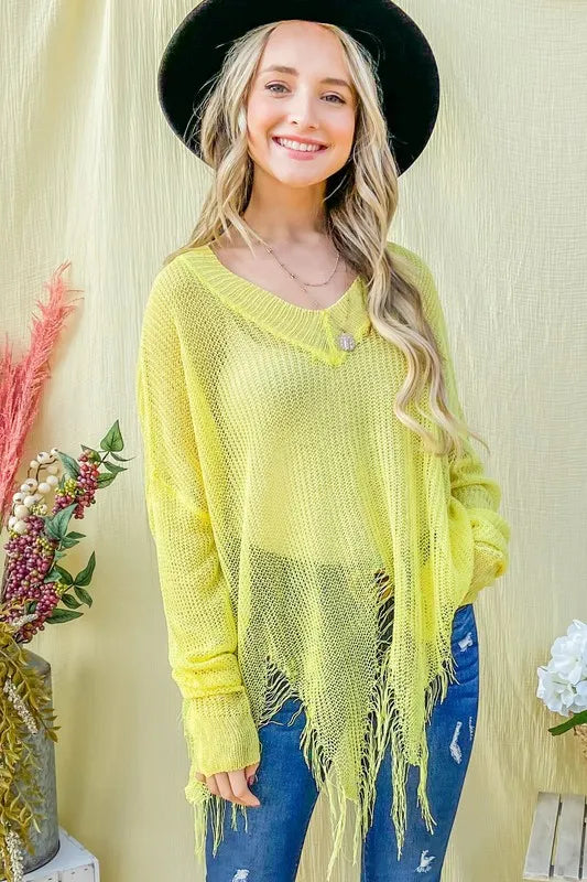 And The Why Distressed Mesh V Neck Spring Sweater Cover Up