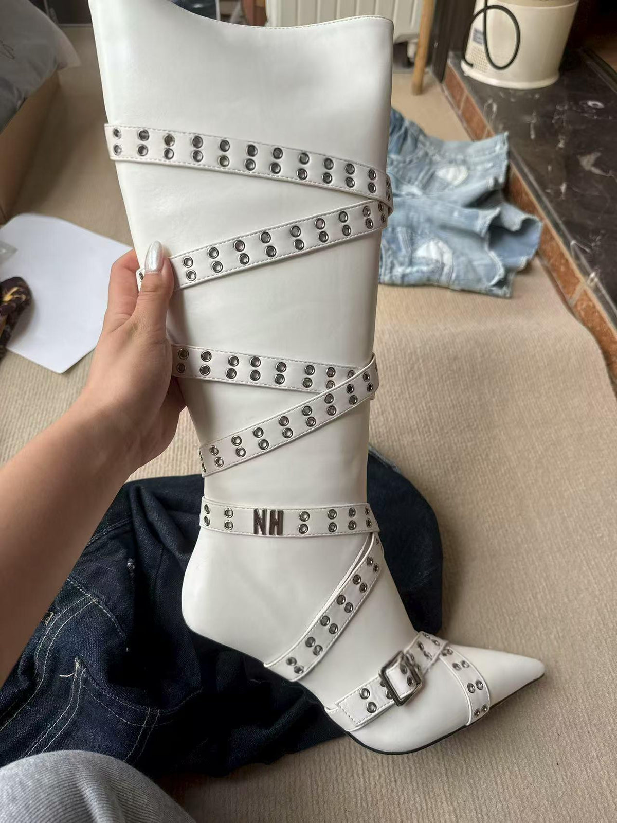 Strap-detail Pointed-toe Studded High-heeled Over-the-knee Boots For Women