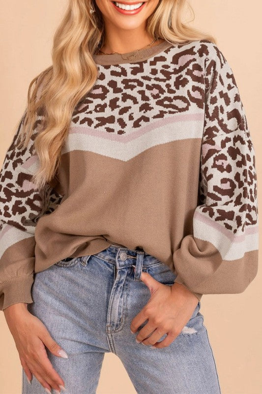 Suéter Colorblock con Estampado de Leopardo y Mangas Abullonadas