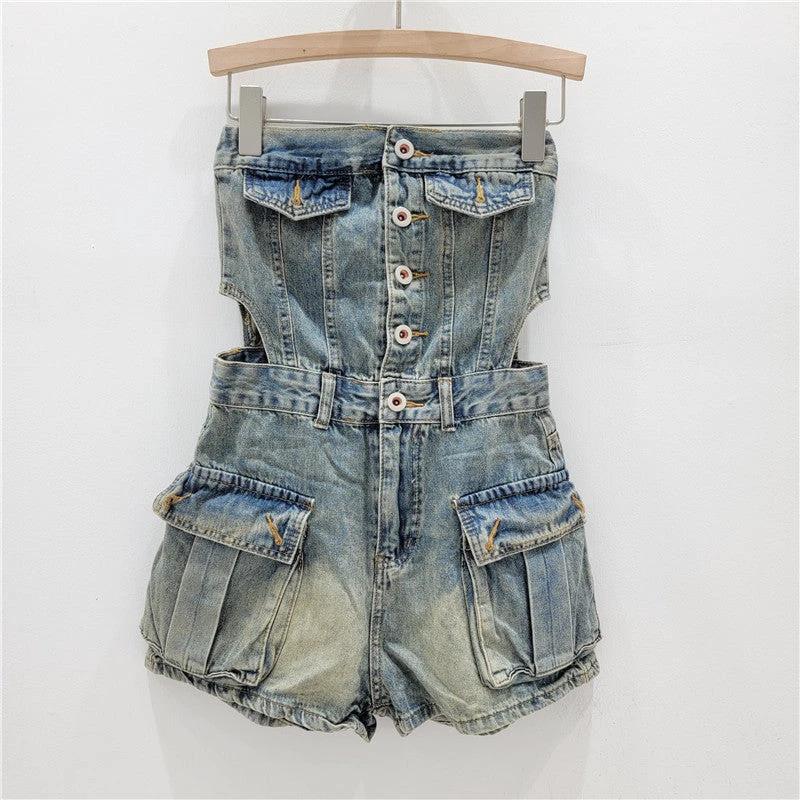 Hot Girl Breasted Hollow-out Midriff Tube Top Cowboy Siamese Shorts For Women
