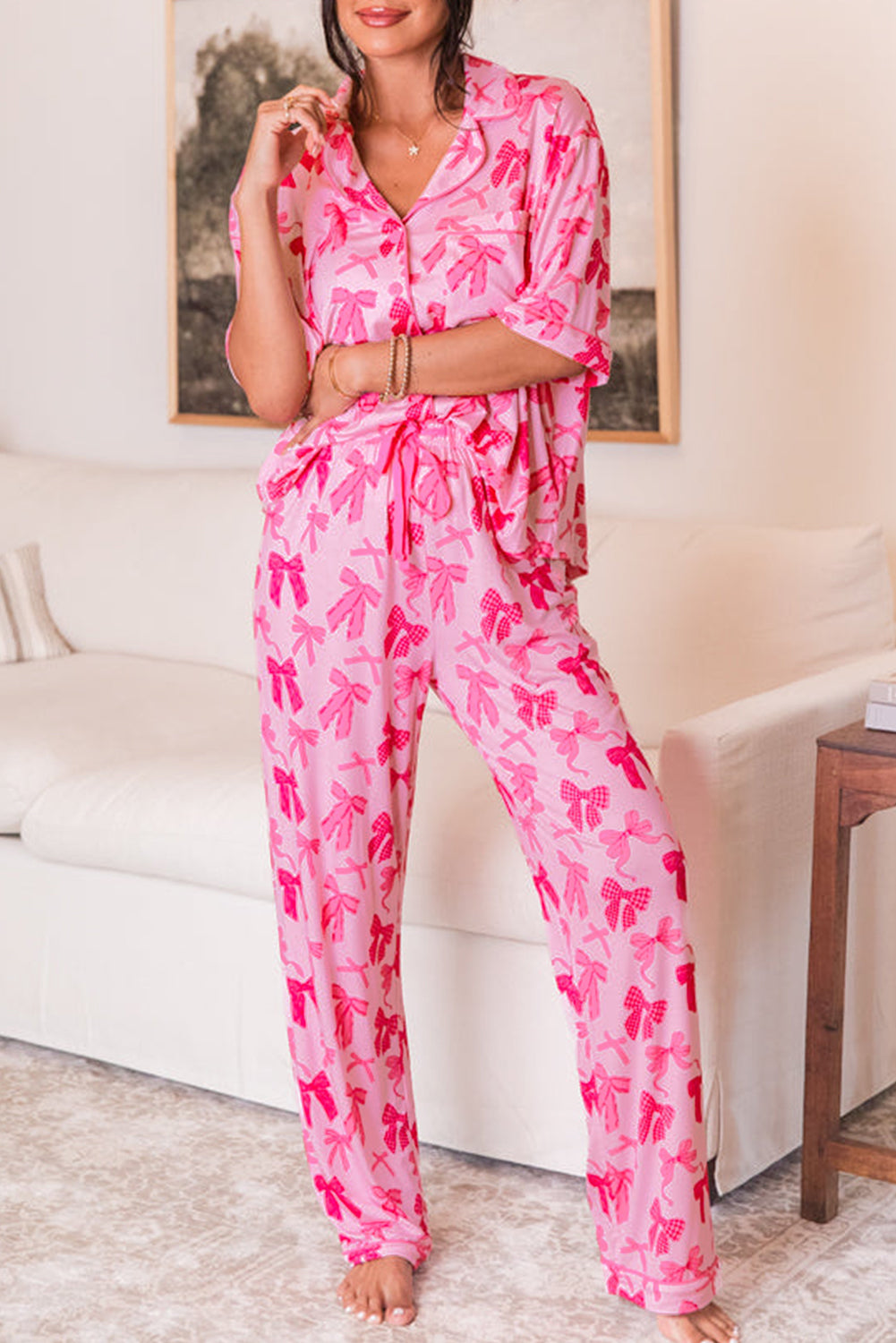 Conjunto de pijama de lazo rosa con estampado de solapa, manga corta y pantalón