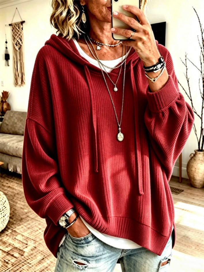 Women Ribbed Knit Drawstring Hoodie, Long Sleeve Drop Shoulder Slit Hem Loose Casual Sweatshirt