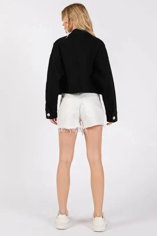 Denim Jacket - Cropped Black Wash Button Down - Women's