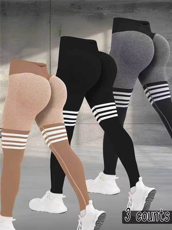 Striped Outdoor Sports Tights High Waist Hip Lift Running Exercise Workout Pants