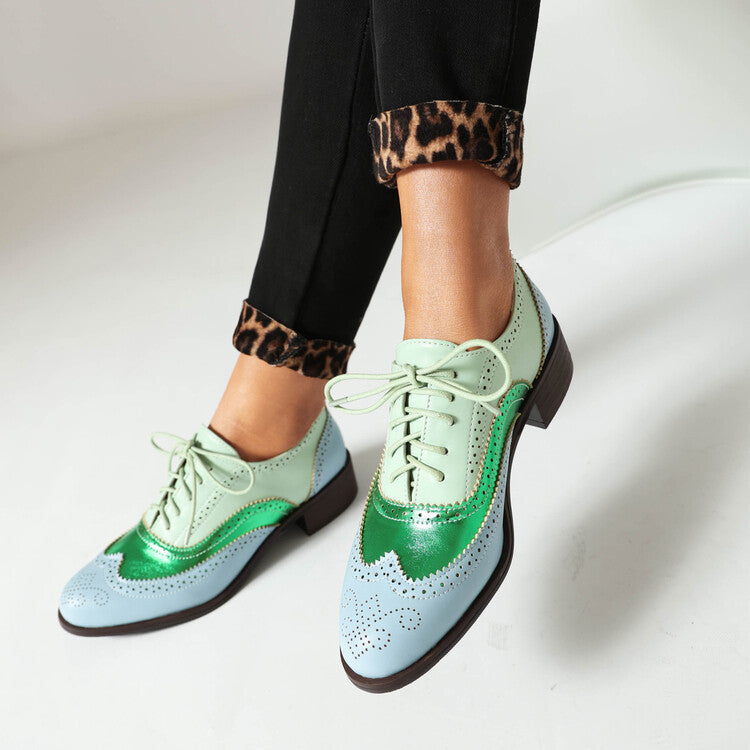 Women's Color Matching Round-Toe Lace-Up Heels