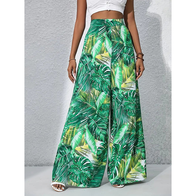 Pantalones palazo de mujer estampados de tiro alto y pierna ancha