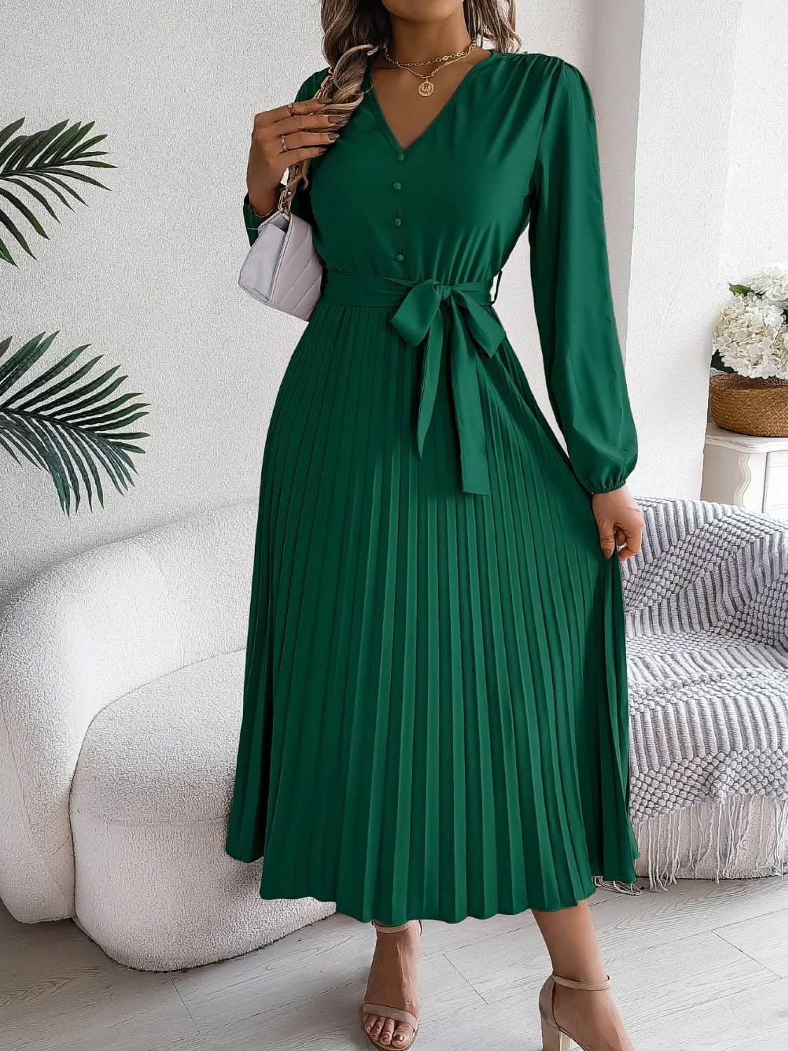 Dresses Trendsi V-Neck Dress Women's Elegant Long Sleeve Sheer Tie Dress Fashion