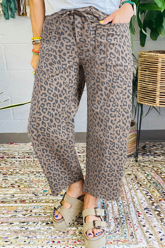Vaqueros de pierna ancha con estampado de leopardo azul, cintura con cordón y bolsillos