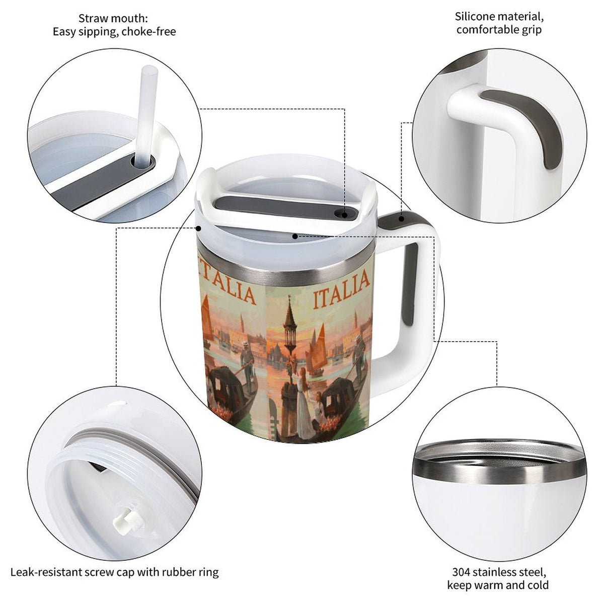 Venezia Italia Gondola Love 40oz Stainless Steel Tumbler with Handle and Lid