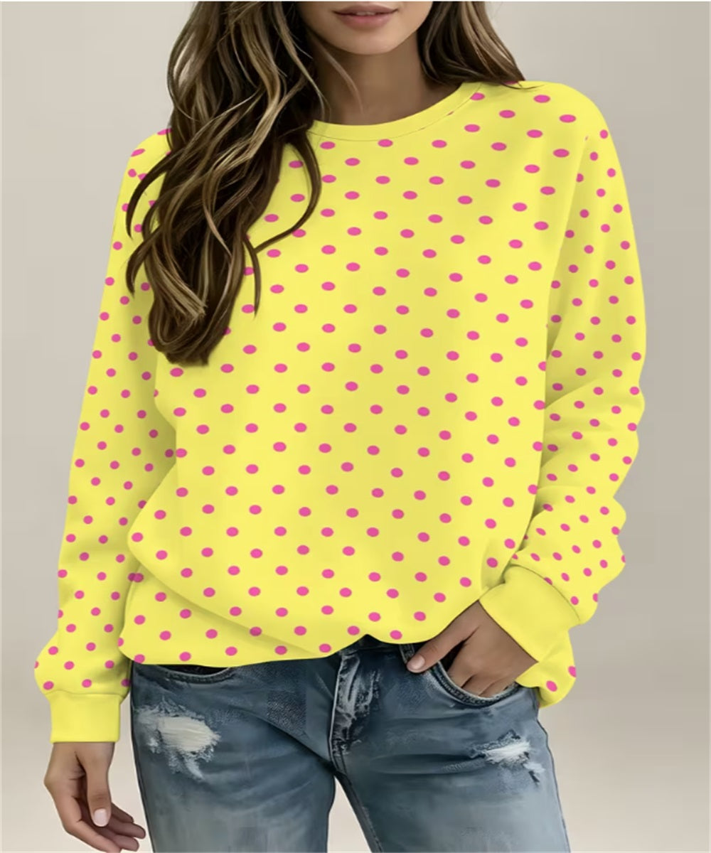 Women's Brown Polka Dot Print Crew Neck Sweatshirt, Light Blue Long Sleeve Pullover Top
