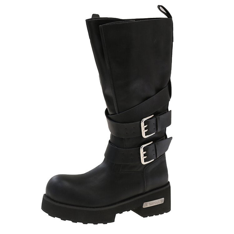 High Top Retro Boots Belt Buckle Biker Chunky Heel