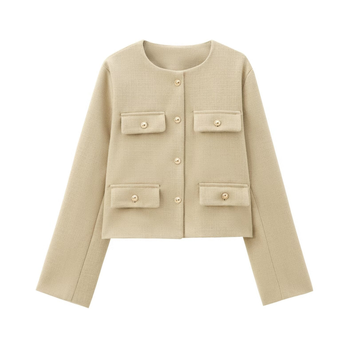 Pocket-decorated Crew-neck Cropped Chic Chanel-style Jacket Top