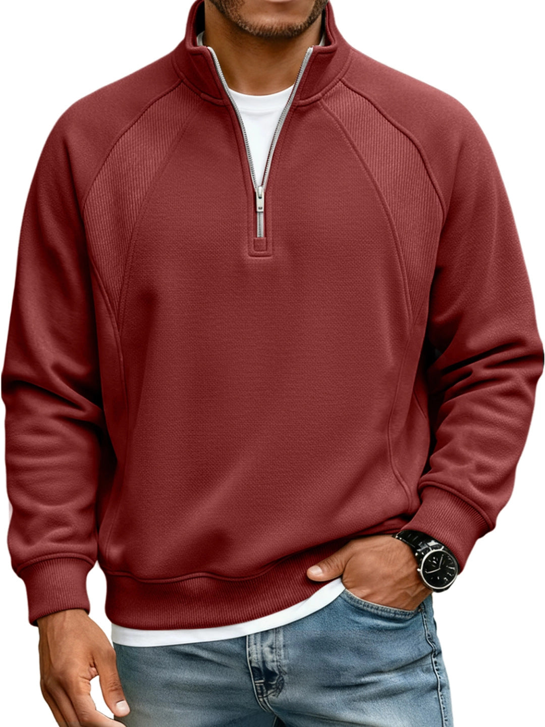 Amazon New Men's Jacket Half-Zip Stand-Up Collar Sweatshirt Men's T-Shirt Long-Sleeved Solid Color Splicing Loose Fit