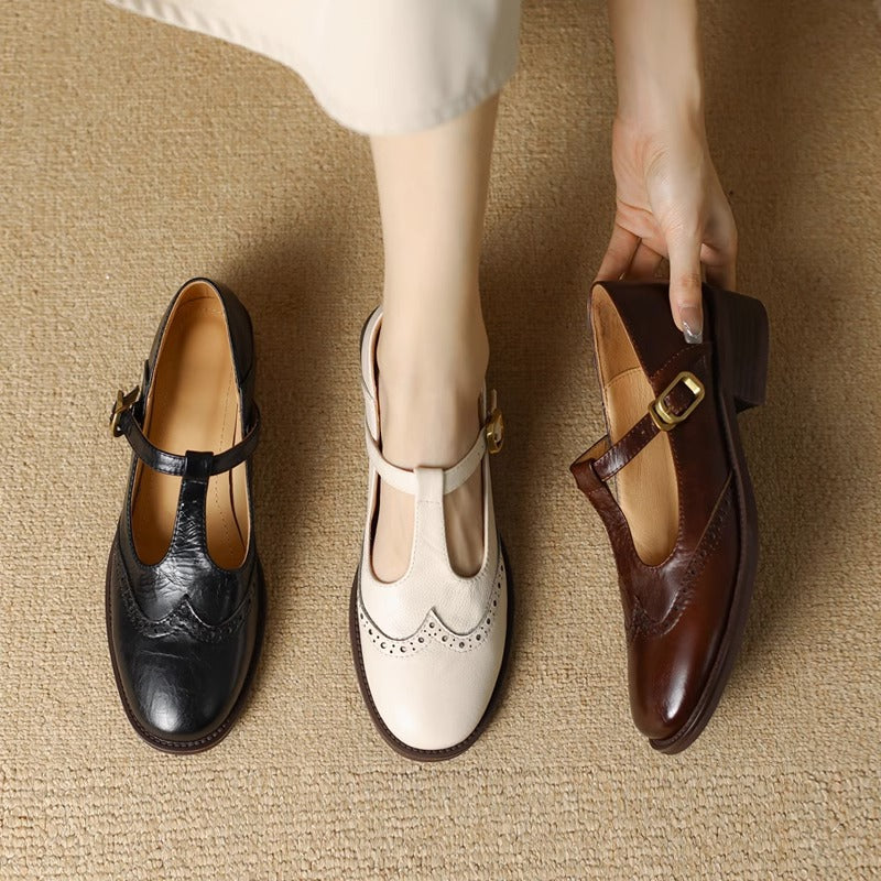 Vintage Brogue British Style Chunky Heel Pumps