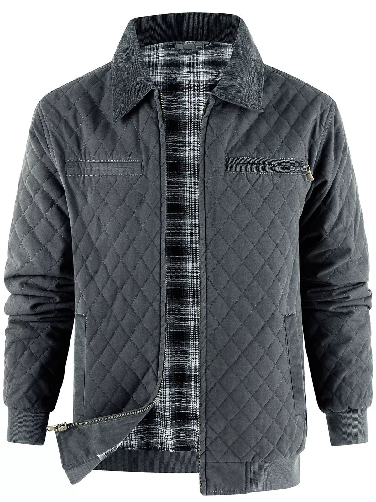 Men's Quilted Collared Neck Jacket with Plaid Lining