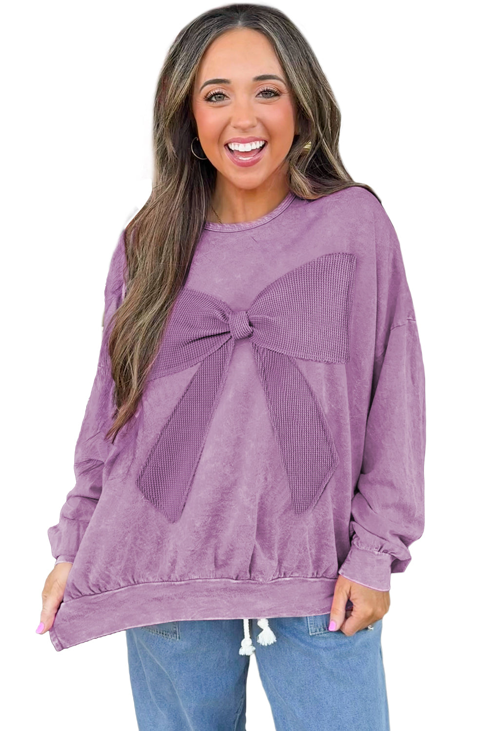 Sudadera Orquídea Ramo Lavado Mineral Waffle con Lazo y Parches