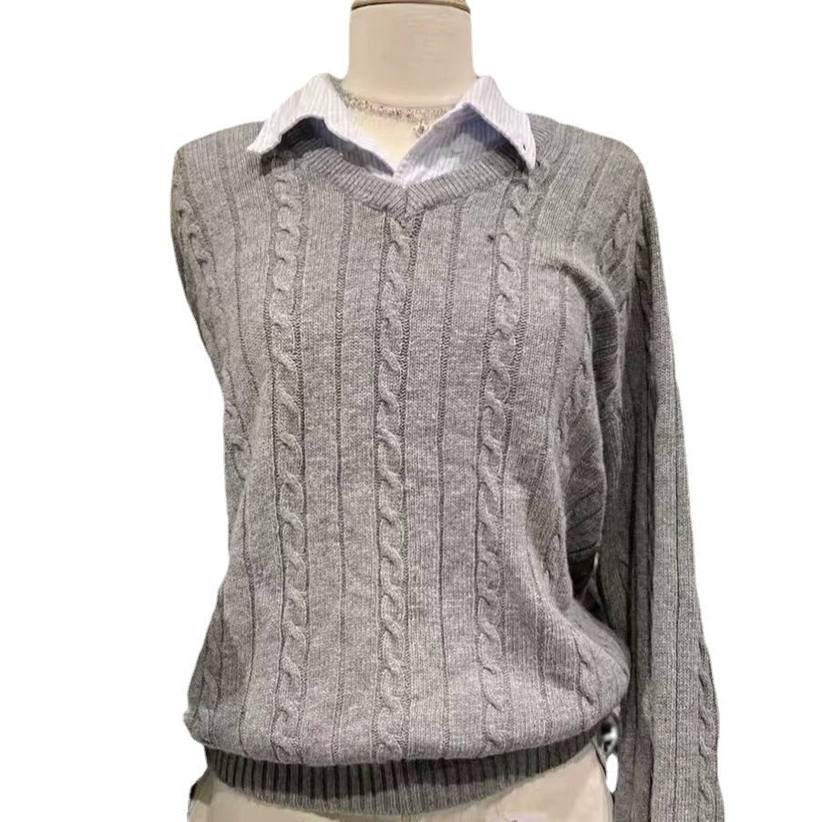 Women's Clothing Autumn Winter Retro V-neck Cable-knit Sweater