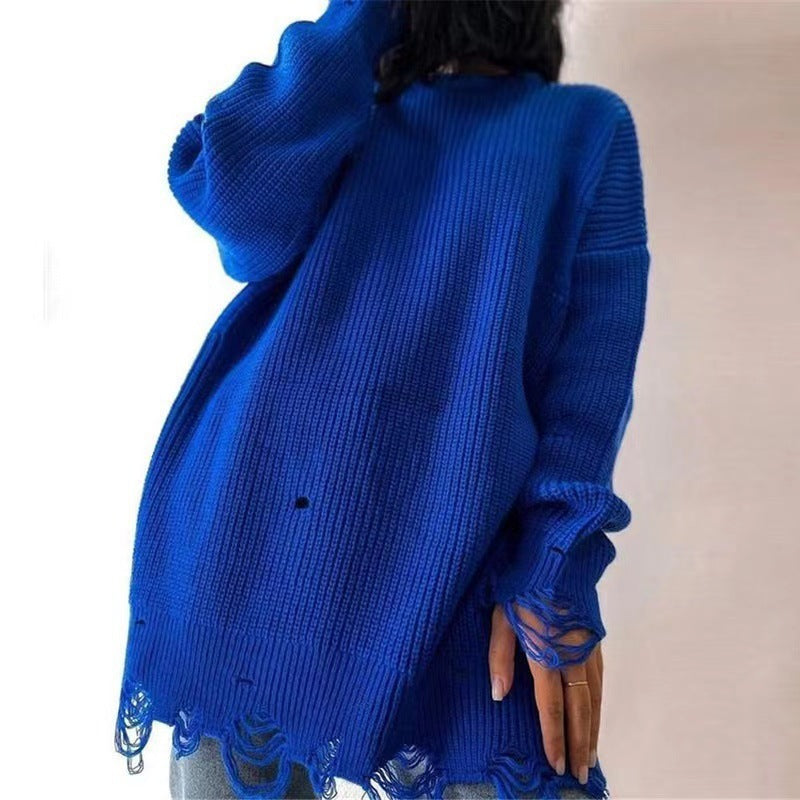 Women's Crew Neck Distressed Knit Sweater, 2026 Fall Winter Solid Color Loose Long Sleeve Pullover, Ripped Fringe Hem Jumper