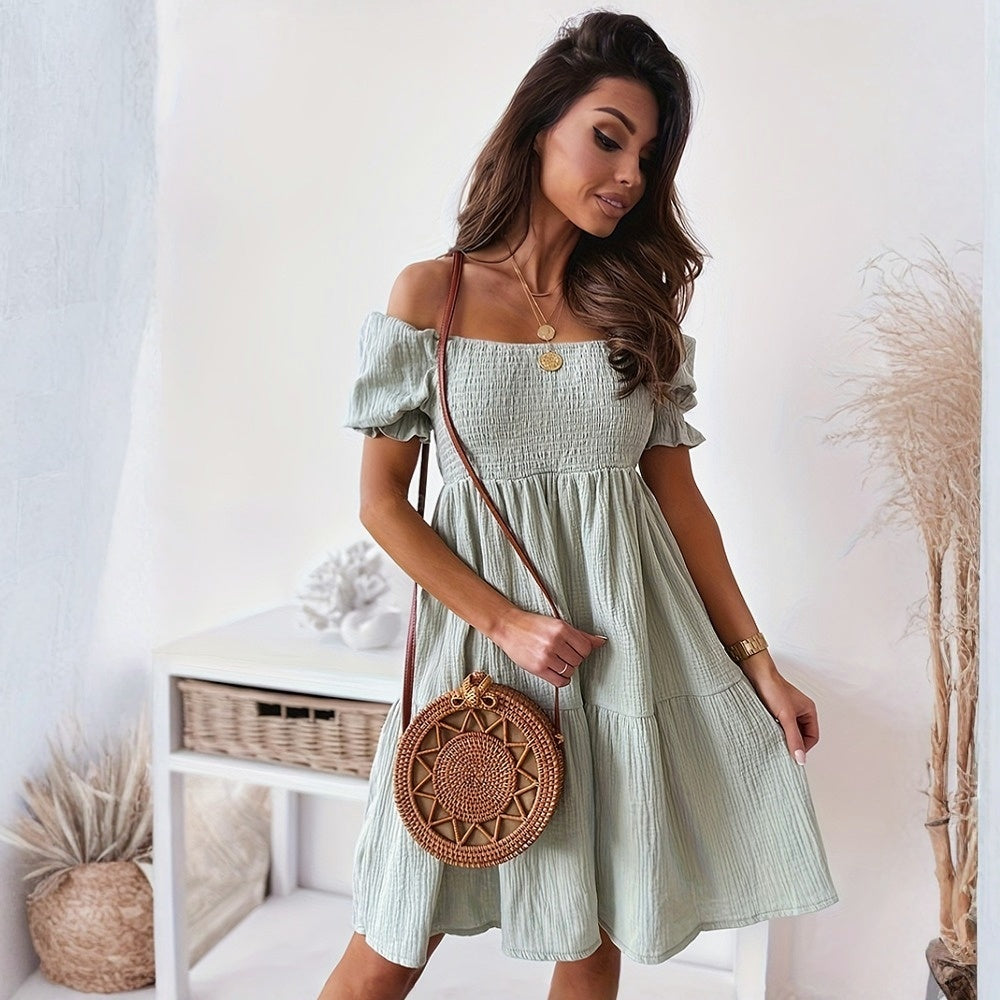Vestidos Midi Casuales con Cuello de Una Palabra, Mangas Abullonadas y Arrugas