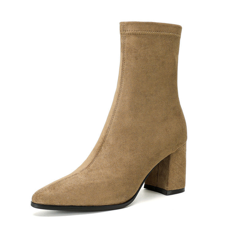 Women's High-Heel Stretch Side Zipper Block Heel Boots