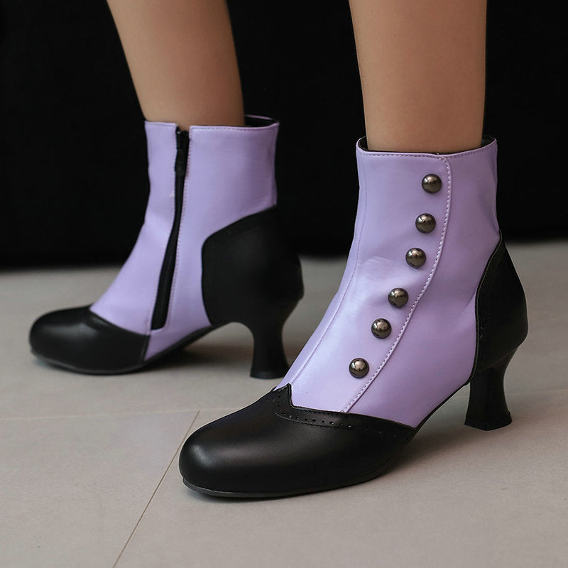 Color-block Block-heeled Ankle Boots With Side Zippers