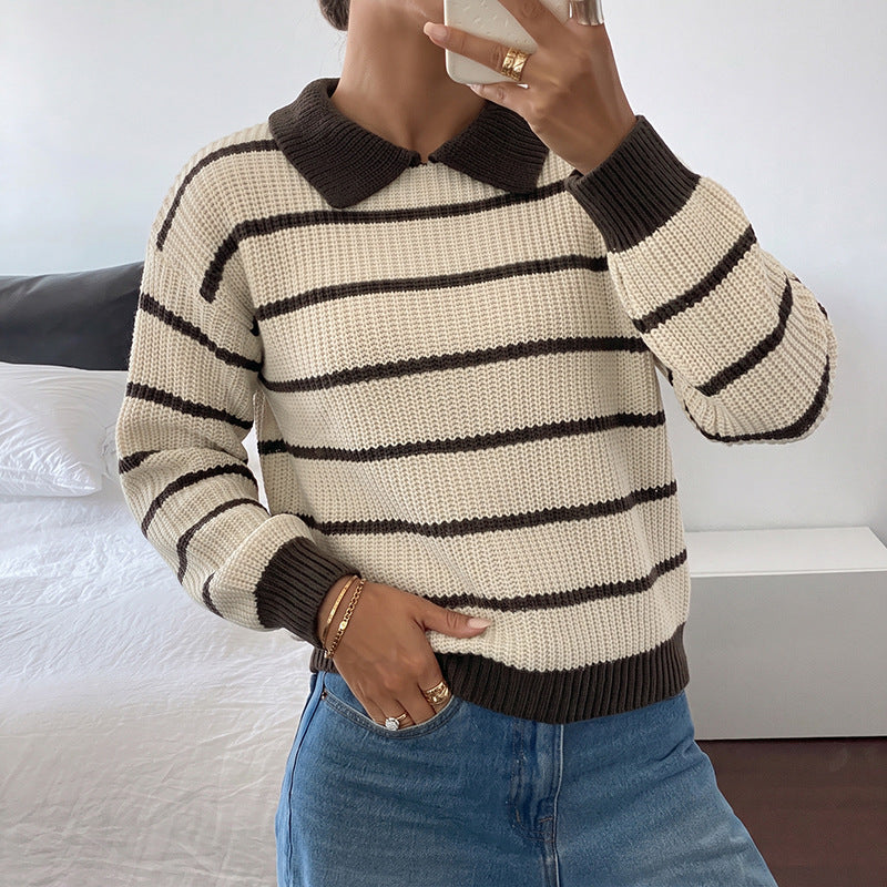 Womens Knitted Top Long-Sleeve Striped Sweater