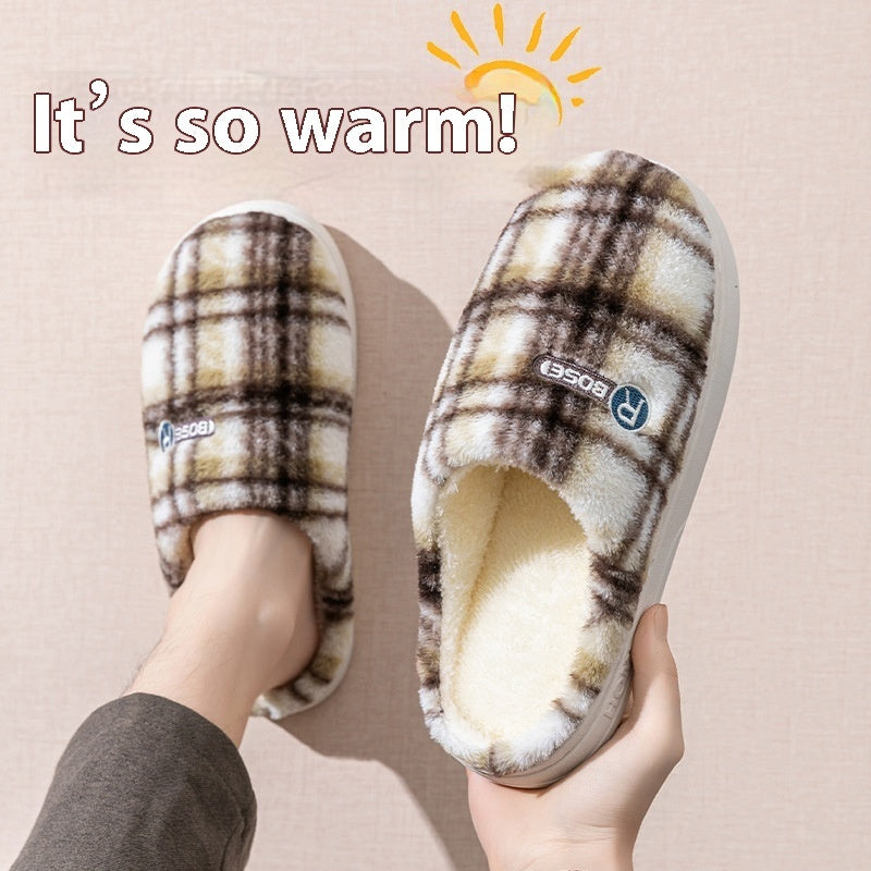 Women's Home Plush Warm Non-slip Plaid Cotton Shoes See size chart under “more details”