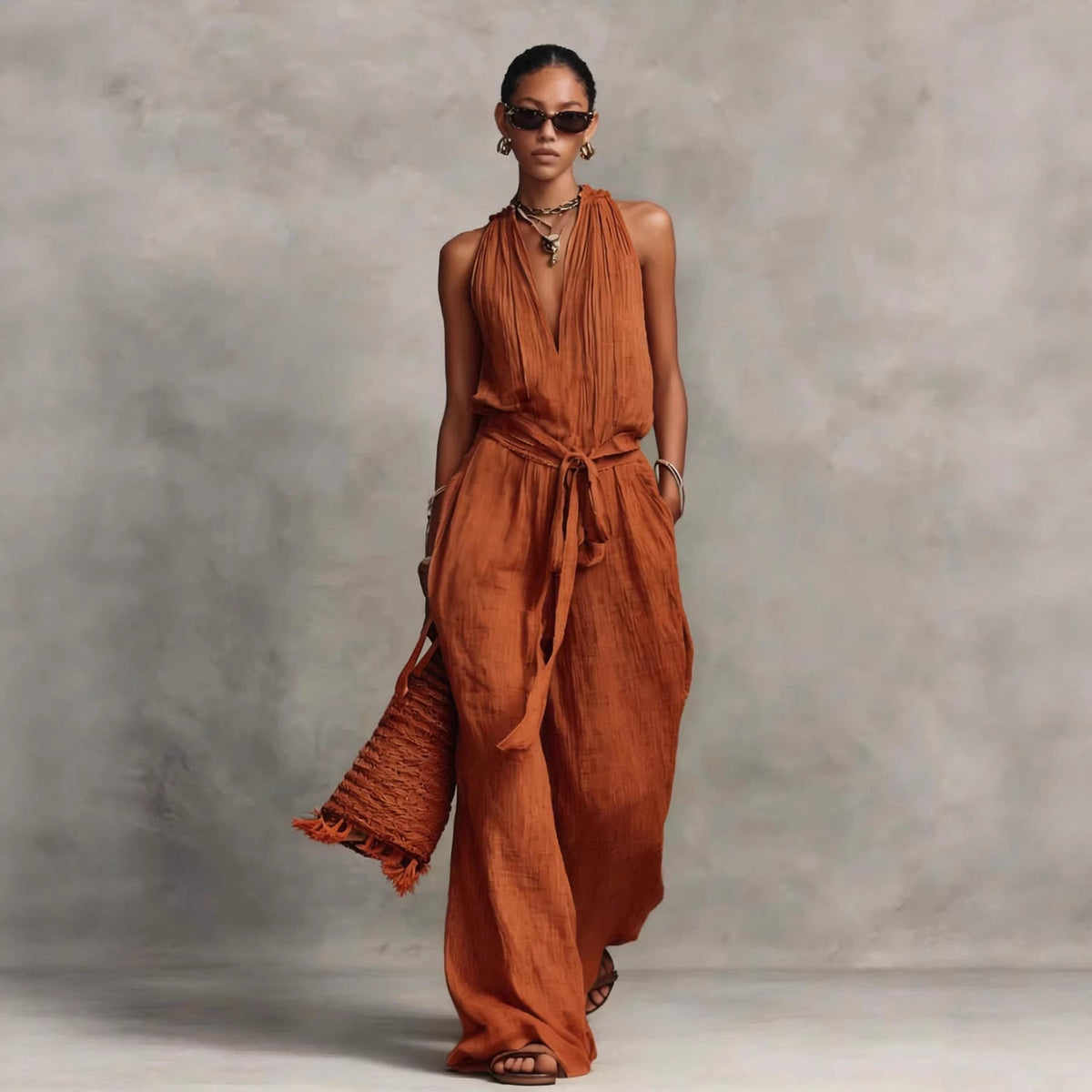 Women's Casual Belted Sleeveless Cotton-blend Jumpsuit