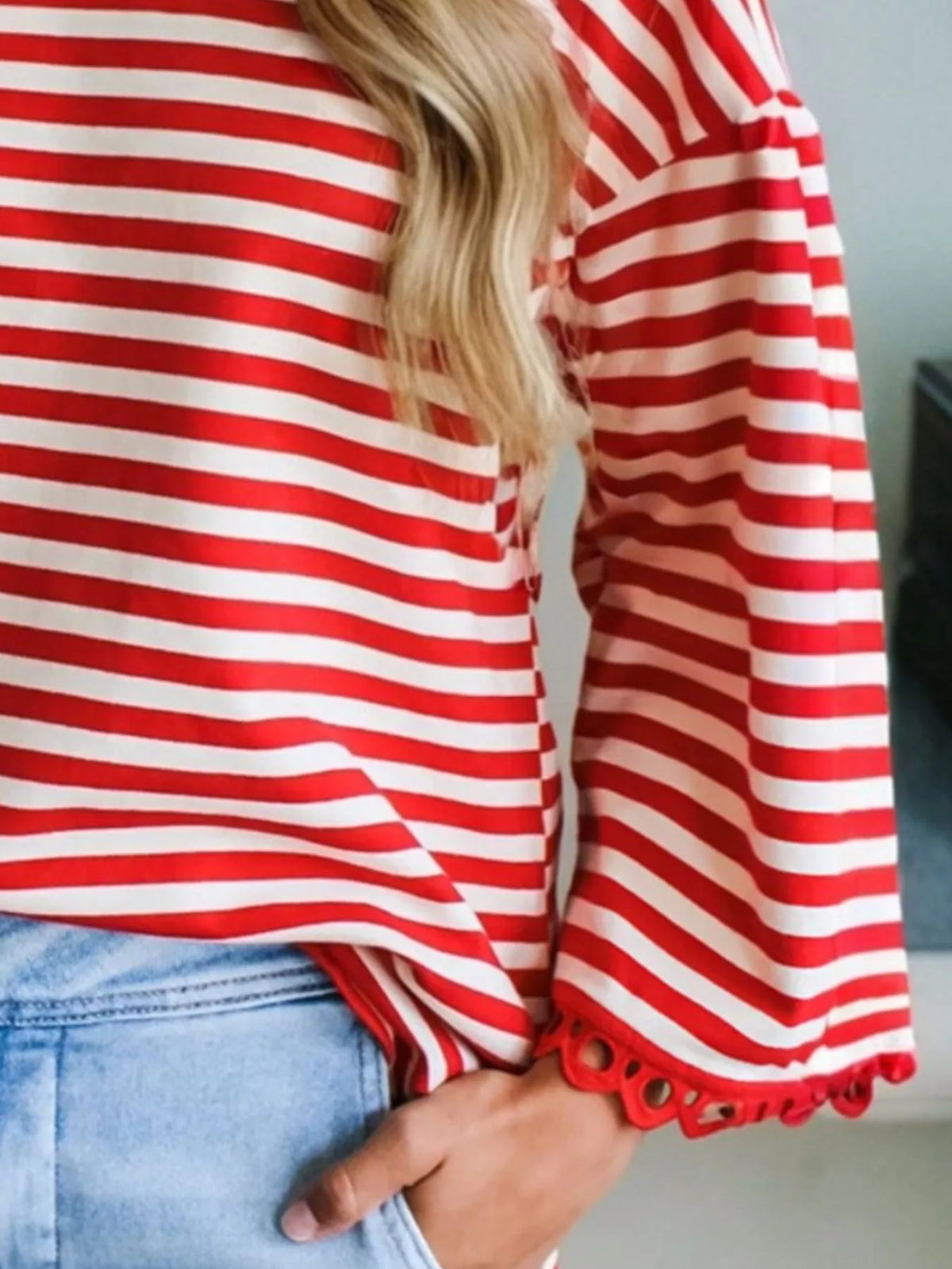 Striped Print Drop Shoulder Lace Trim Loose Top
