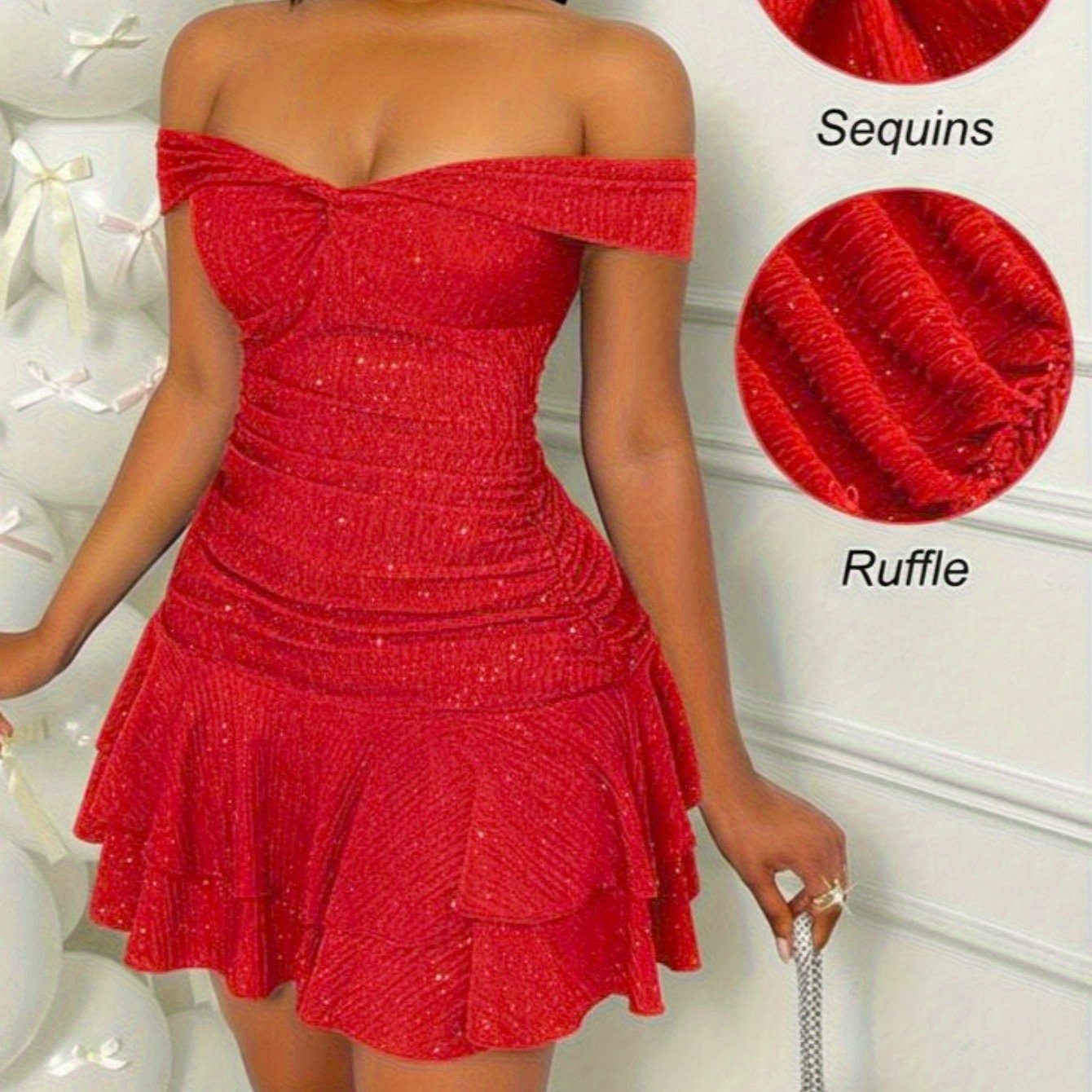 Vestido de lentejuelas con volantes y hombros descubiertos para mujer
