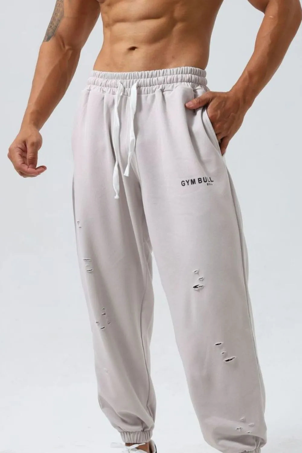 Pantalones deportivos para hombre de talla grande, desgastados, con cordón ajustable