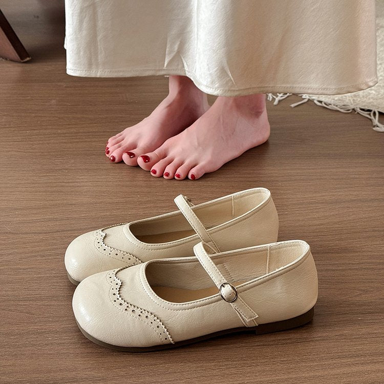 Women French Retro Flat Mary Janes, New Fashion Lightweight Shallow Mouth Leather Flats Work Shoes
