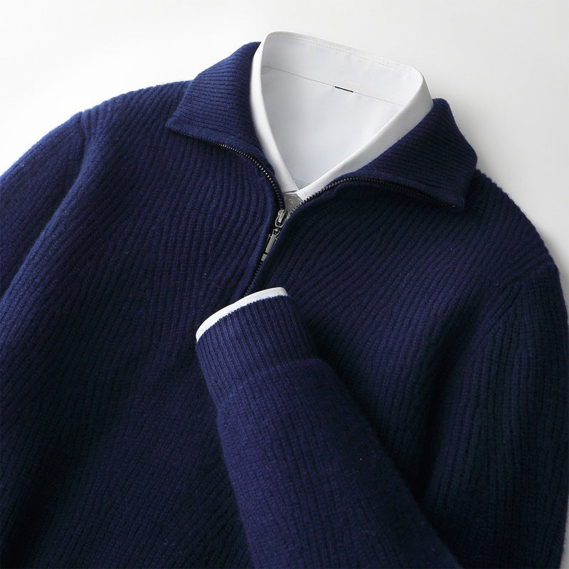 Mens Half-Zip Polo-Neck Thickened Casual Fashion Sweater
