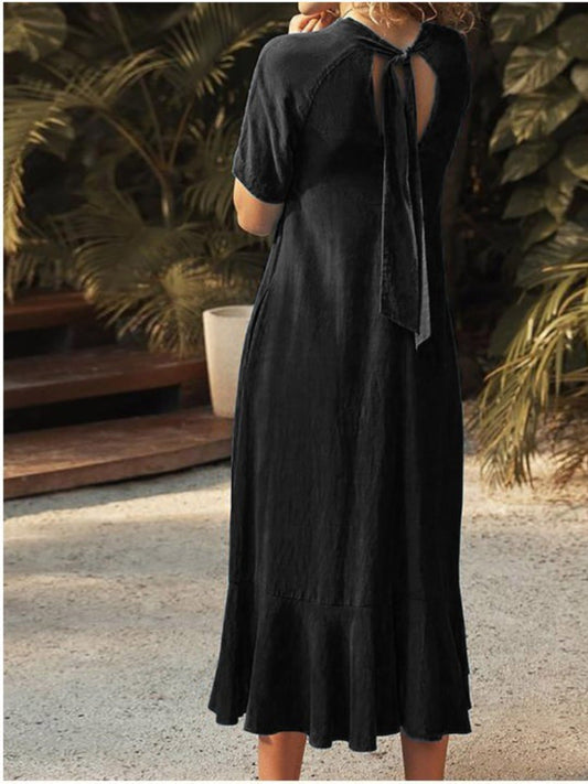 Vestido de manga corta con cuello en V y bolsillos