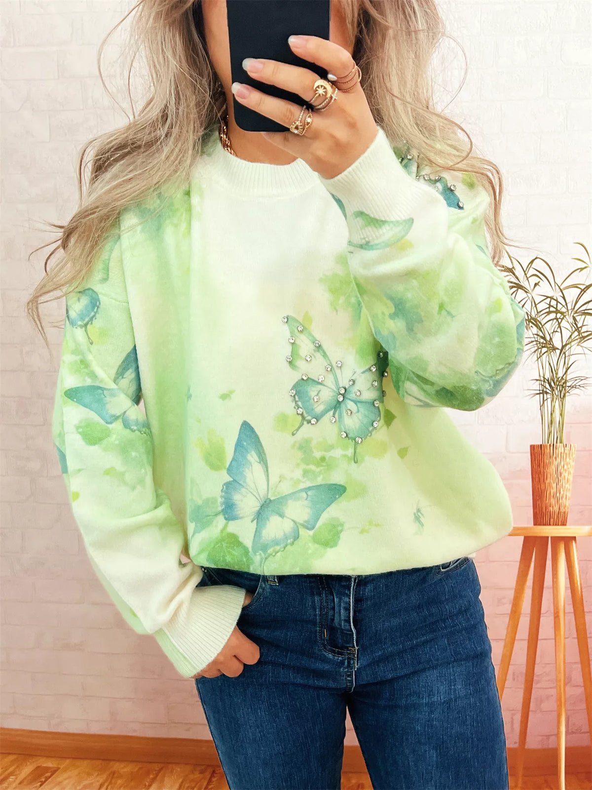 Butterfly Round Neck Lightweight Sweater