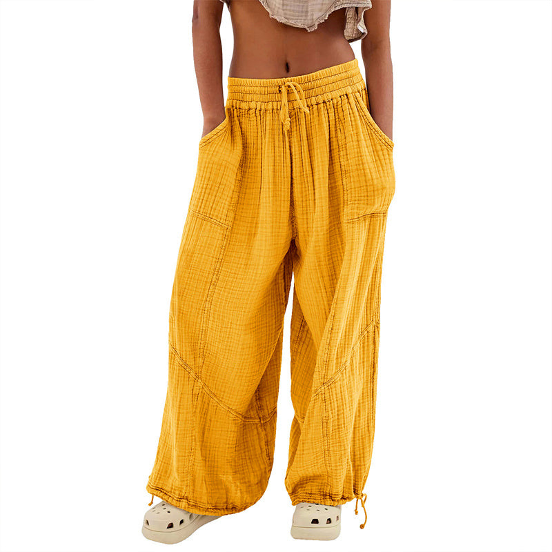 Pantalones de pernera ancha de color liso para mujer – Cintura elástica con cordón y bolsillos laterales
