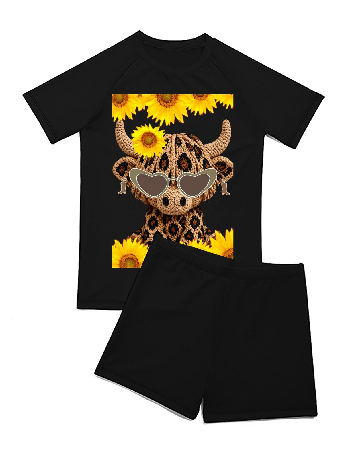 Yarn Highland Cow with Sunflowers Short Sleeved 2-piece Swim Set for Children