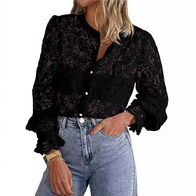 European And American Ladies Fashion Casual Lace Shirt Long Sleeve Button Shirt See size chart under “more details”